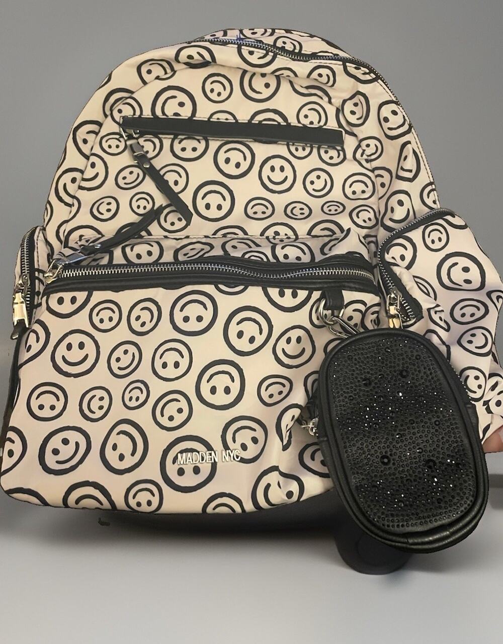 Madden NYC Women's Dome Backpack Cream Smiley Face Print With Rhinestone Pouch